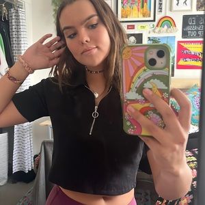 Vintage black, half-zipped, cropped, collared, shirt.